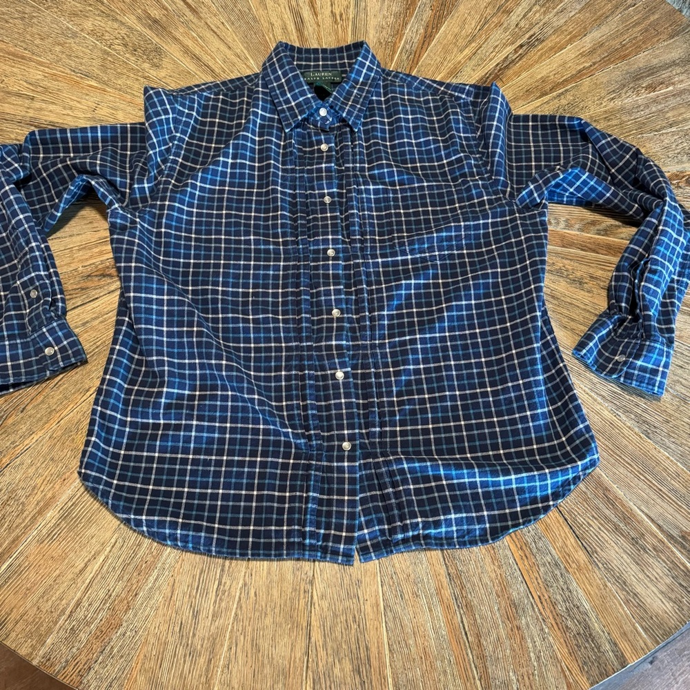 Lauren Ralph Lauren large womens cotton flannel blue plaid pearl snap button top